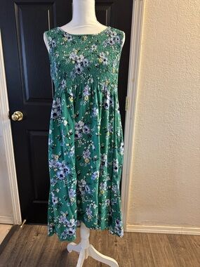 croft & barrow Green Floral Maxi Dress with Smocked Bodice